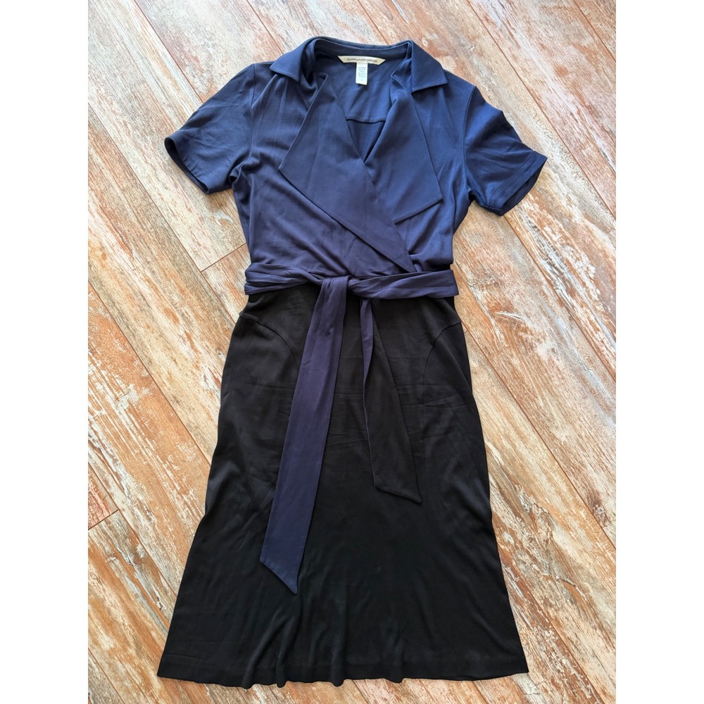 DVF Diane von Furstenberg Dress Womens 6 Silk Wrap Navy Black Tie Waist